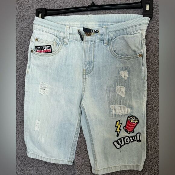 Zara boys denim shorts with patches and rips with tie and button waist sz8 - Picture 2 of 9